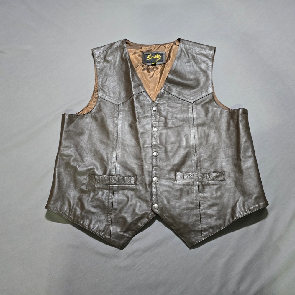 Scully Leather Vest Mens XL Brown Western Cowboy Snap Front Biker Outerwear